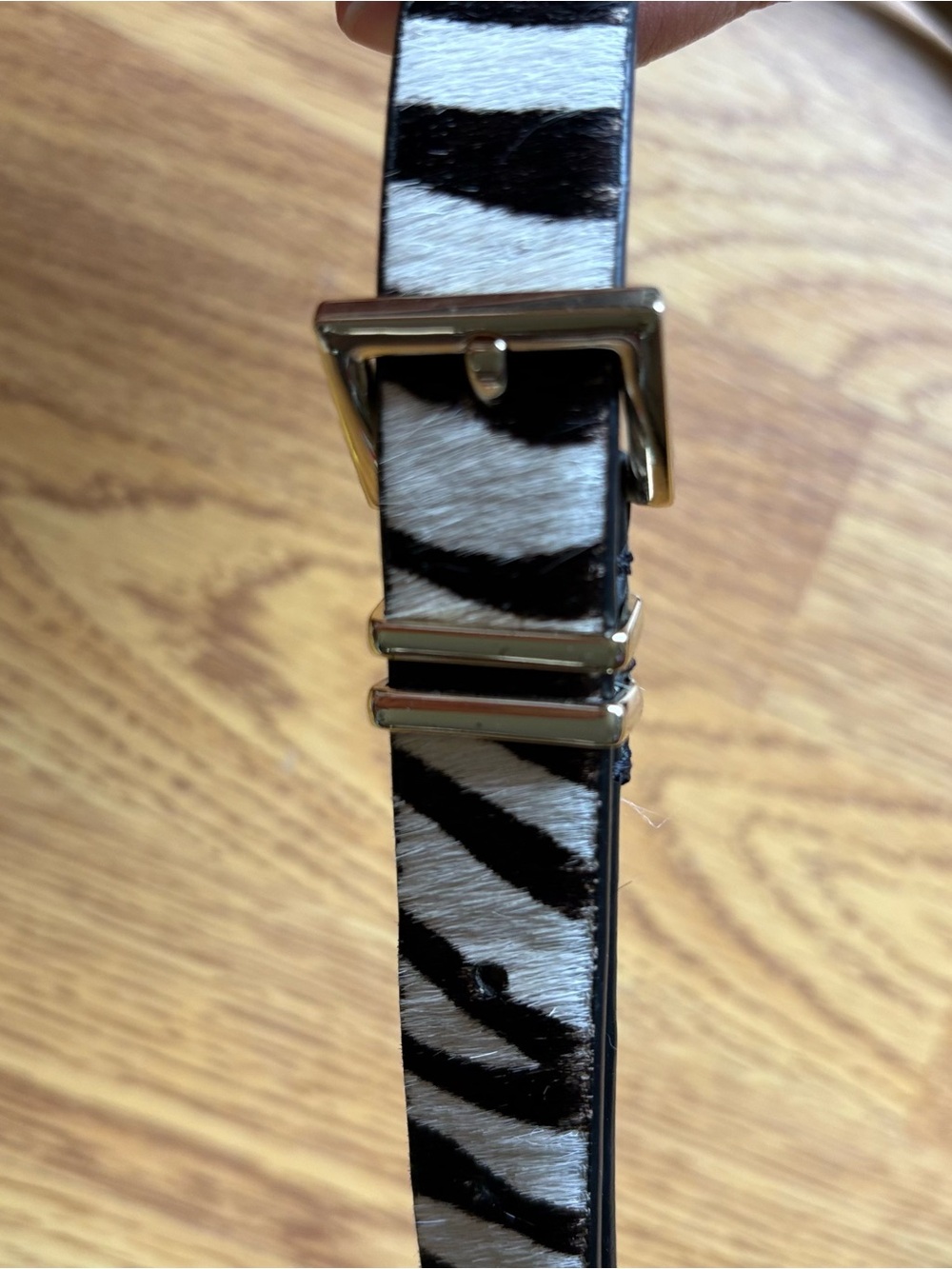 Talbots Zebra Print Skinny Leather Belt Gold Buckle Calf Hair Leather Sz M - Picture 5 of 10